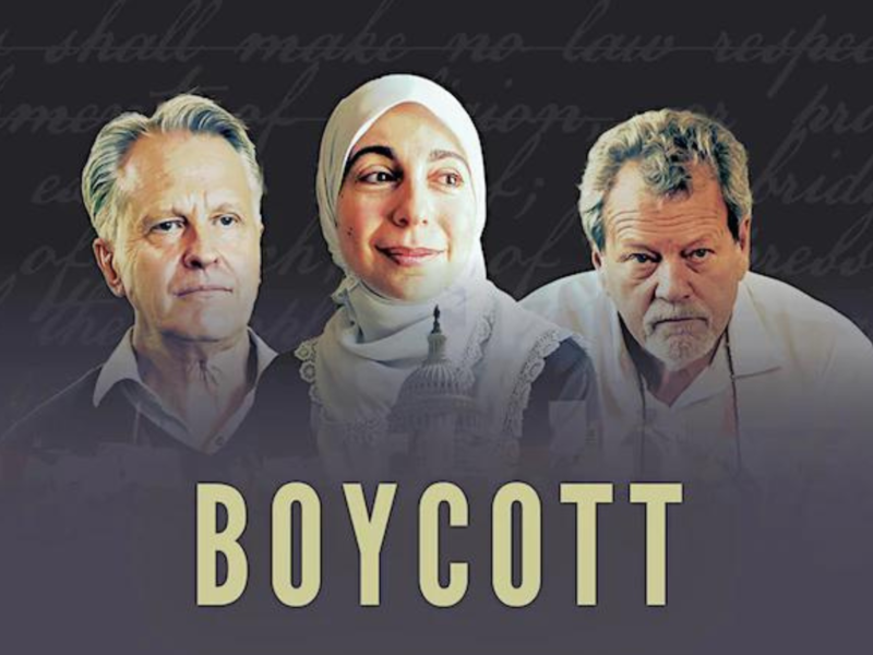 [Image description: A section of the film poster for the film "Boycott"a film about free speech and the far-reaching implications of anti-boycott laws.]