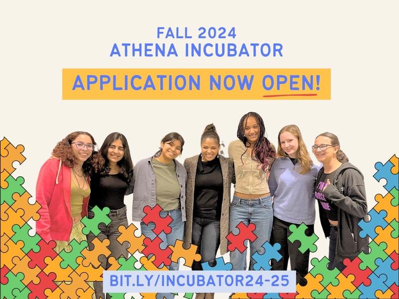 [image description: A sticker of the 2023 Incubator cohort behind multicolored puzzle pieces. Text reads "Fall 2024 Athena Incubator Application is open"]