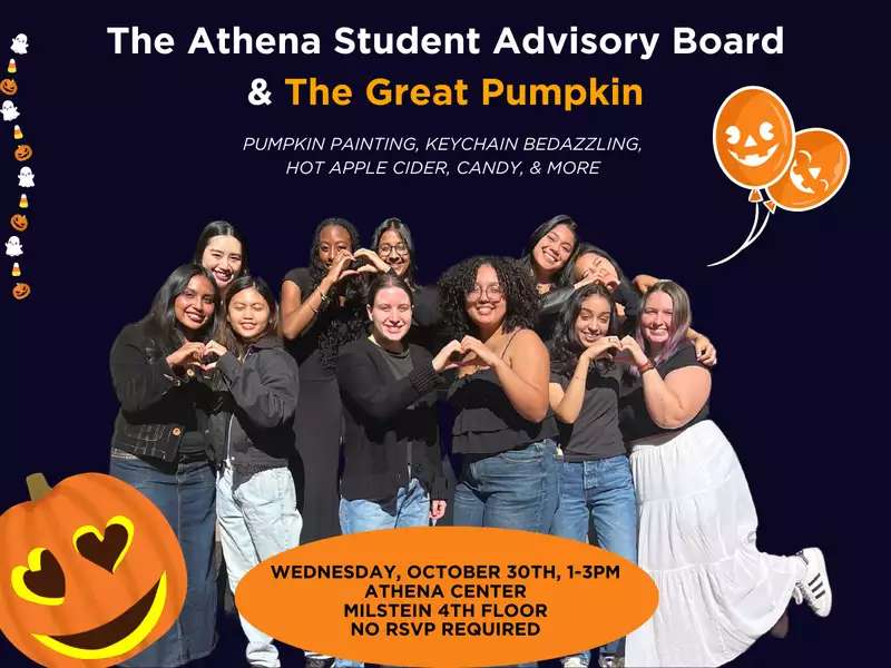 [Image description: A photo of Athena's 2024-25 SAB with pumpkin graphics over a dark blue background with information about the SAB Halloween Party happening October 30 at 1pm at the Athena Center]